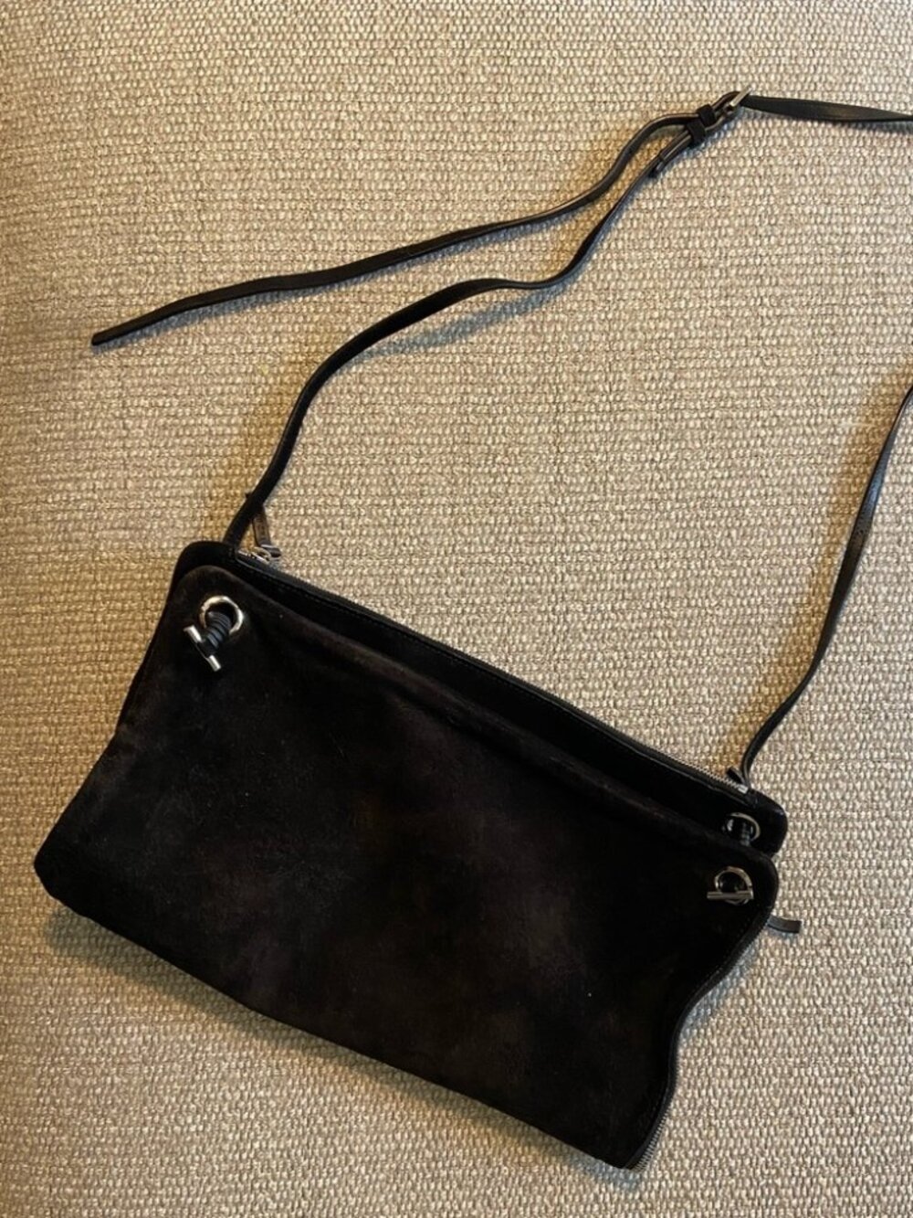 The Row Black Suede Twin Bag with Adjustable Strap and Gold-Tone Hardware